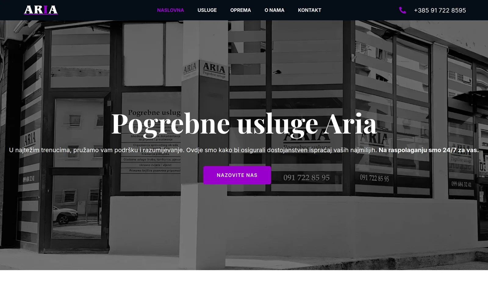 Izrada web stranice Pogrebne usluge Aria: naslovnica s crno-bijelom fotografijom poslovnice i brojem dežurnog telefona