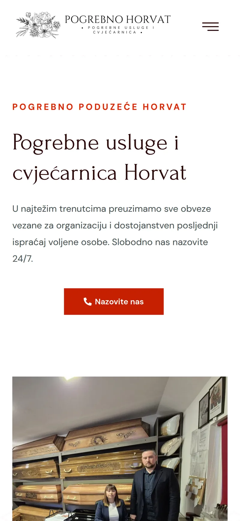 Izrada web stranice Pogrebno Horvat: mobilni prikaz naslovnice s logotipom cvjećarnice i gumbom za poziv