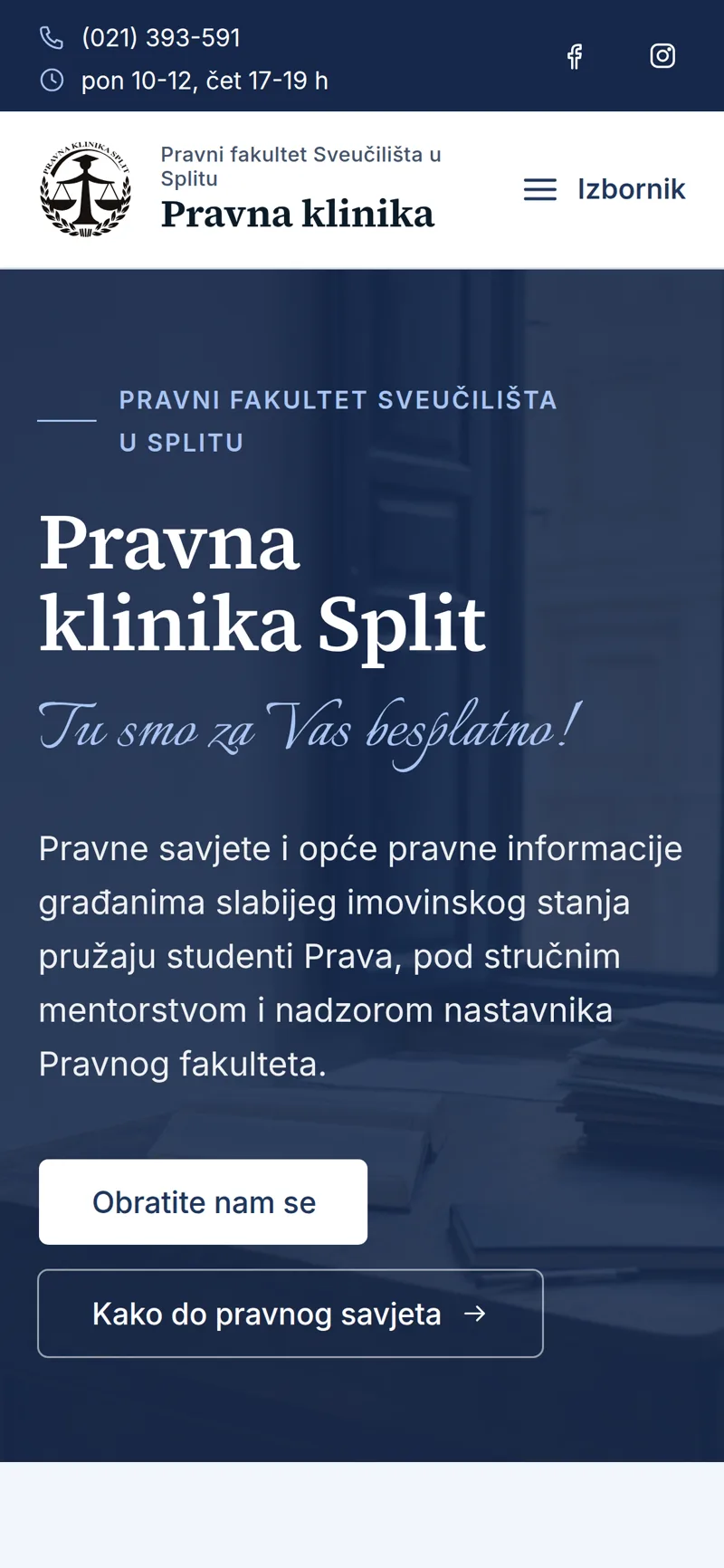 Izrada web stranice Pravna klinika Split: mobilni prikaz naslovnice s telefonom i radnim vremenom na vrhu te gumbom za kontakt