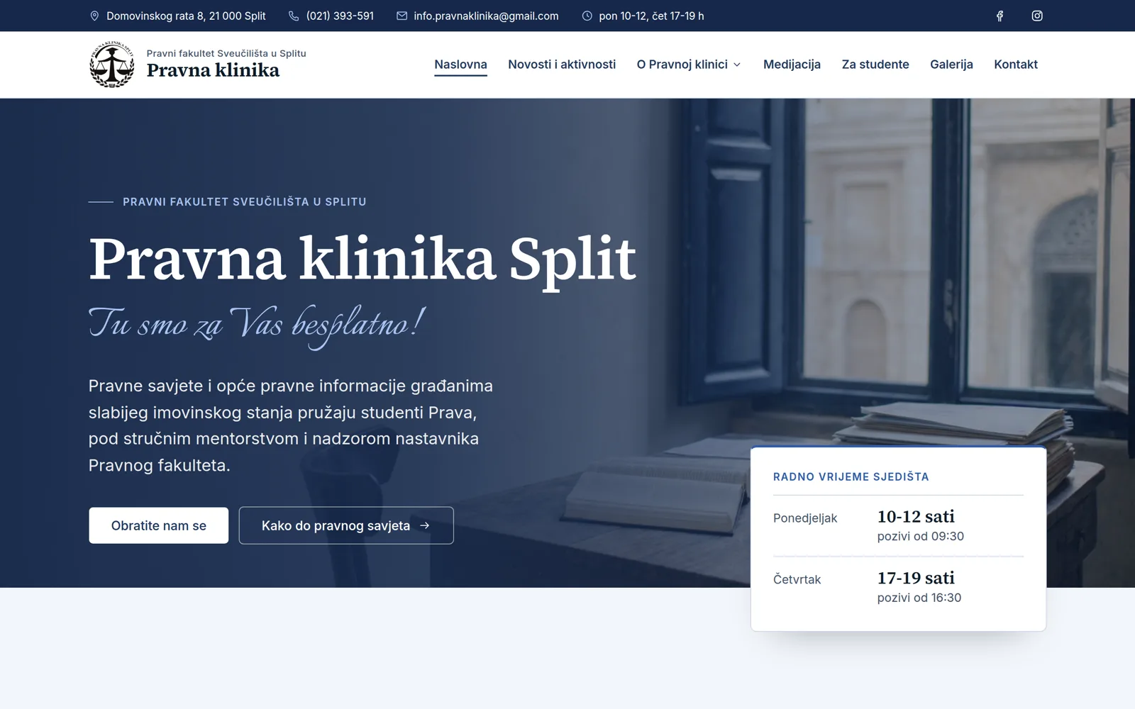 Izrada web stranice Pravna klinika Split: naslovnica s nazivom klinike, kratkim opisom besplatne pravne pomoći i karticom s radnim vremenom