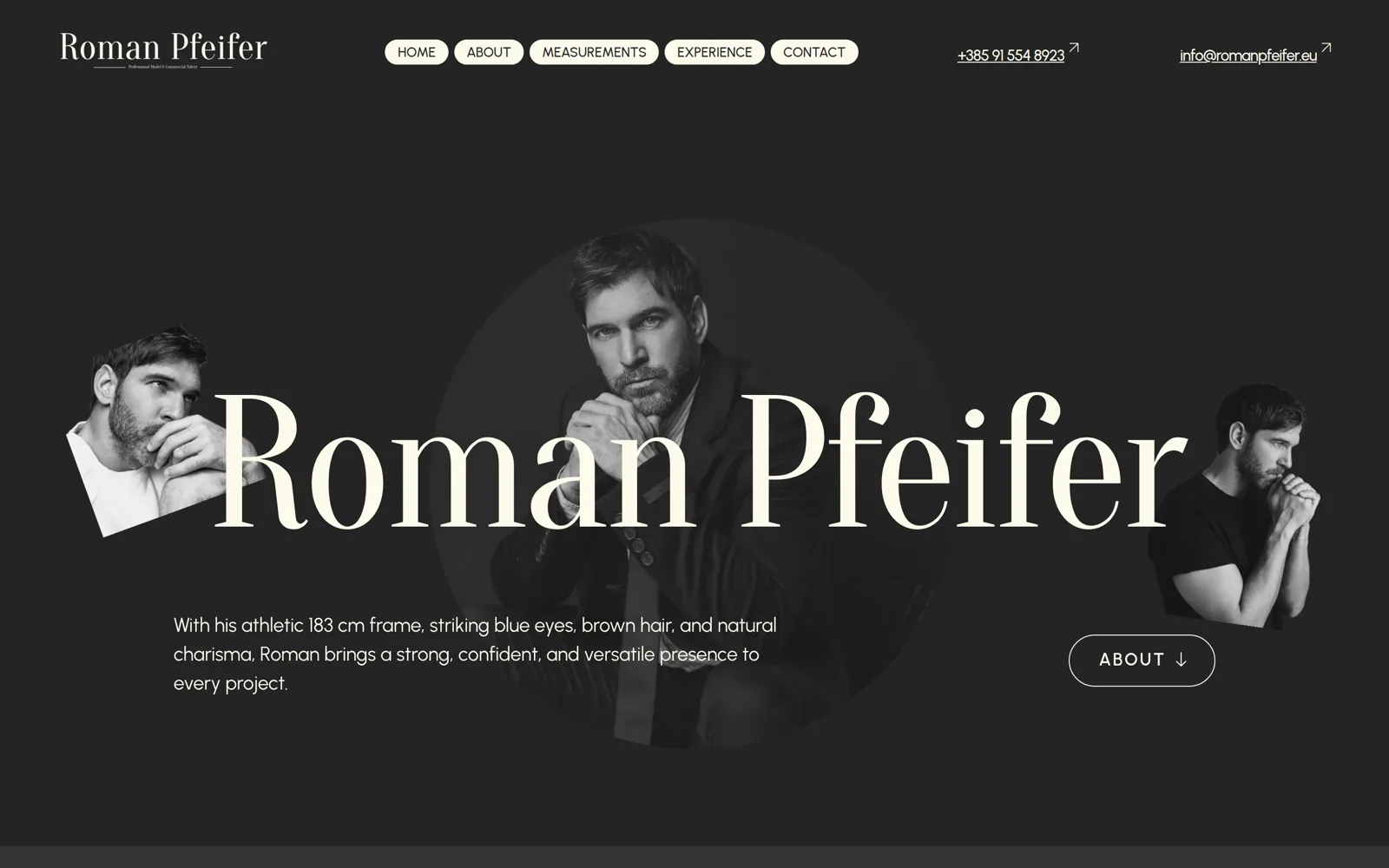 Izrada web stranice Roman Pfeifer: tamna naslovnica s velikim serifnim imenom preko crno-bijelih portreta modela