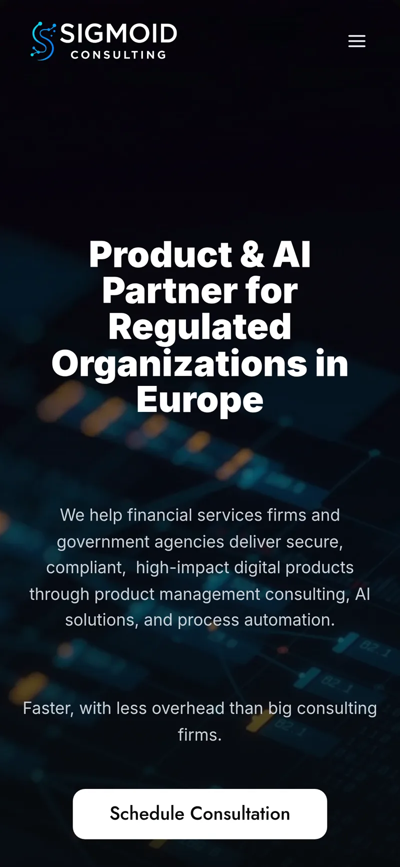 Izrada web stranice Sigmoid Consulting: mobilni prikaz engleske naslovnice s pozivom na konzultacije
