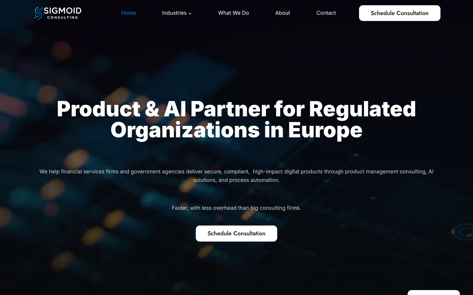 Izrada web stranice Sigmoid Consulting: engleska naslovnica s naslovom o partneru za regulirane organizacije