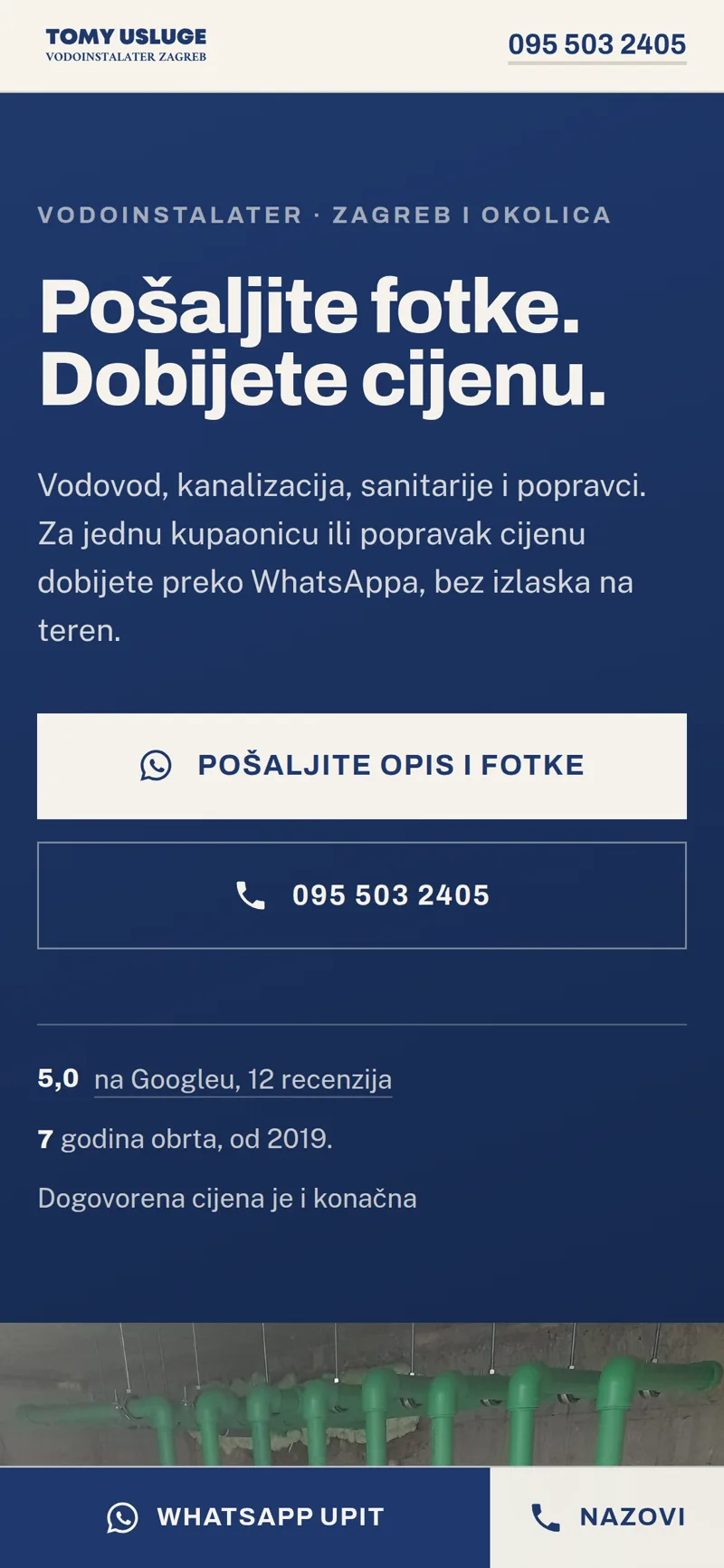 Izrada web stranice Tomy Usluge: mobilni prikaz naslovnice s gumbima za WhatsApp i poziv te trakom za poruku pri dnu ekrana