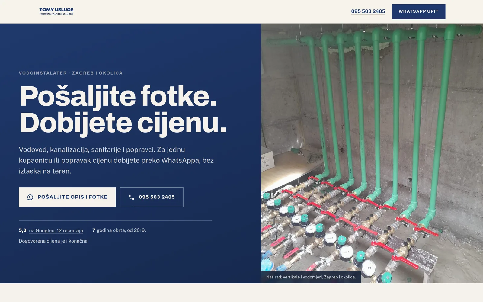 Izrada web stranice Tomy Usluge: naslovnica s naslovom o slanju fotografija za cijenu, gumbom za WhatsApp i fotografijom razvoda vode s vodomjerima