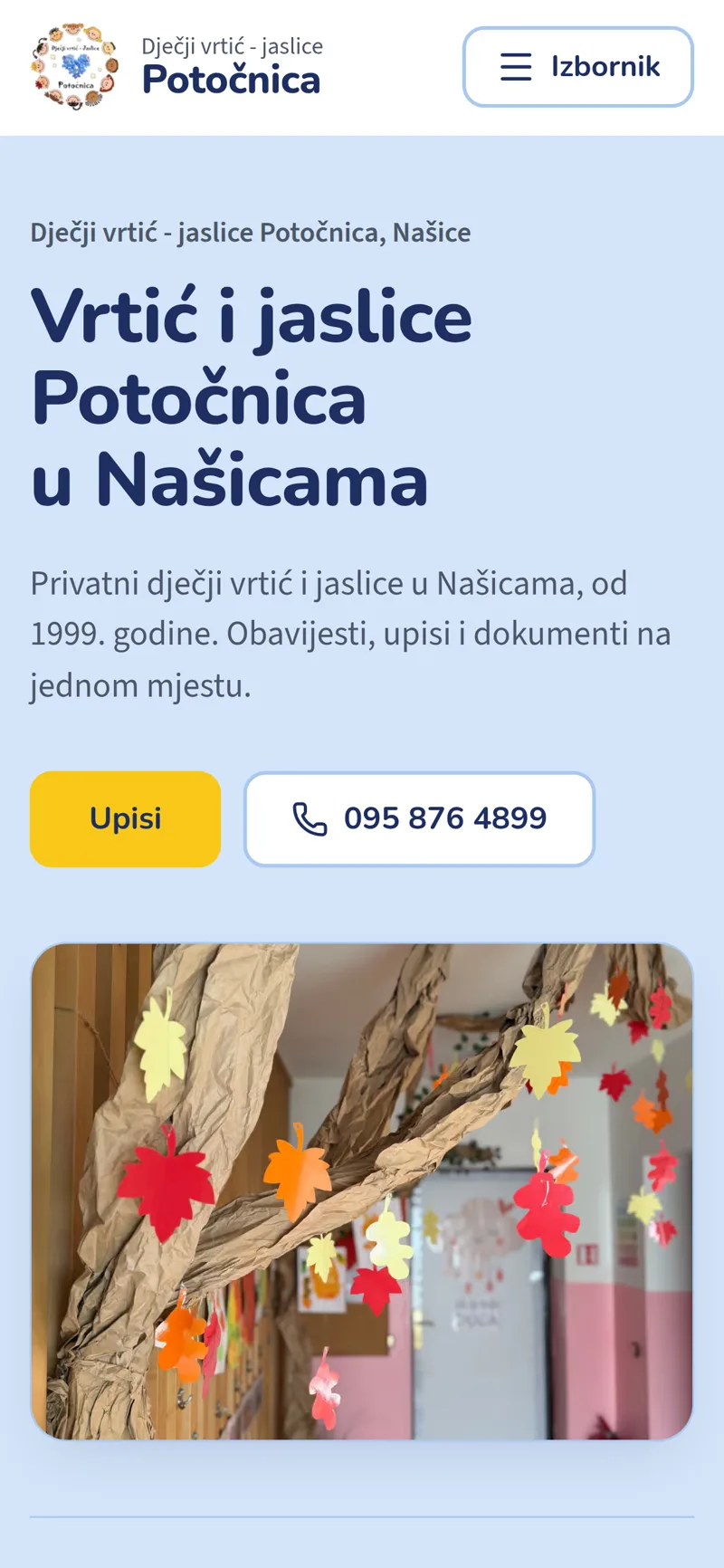 Izrada web stranice Dječji vrtić Potočnica: mobilni prikaz naslovnice s logotipom, nazivom vrtića i gumbima za upise i poziv