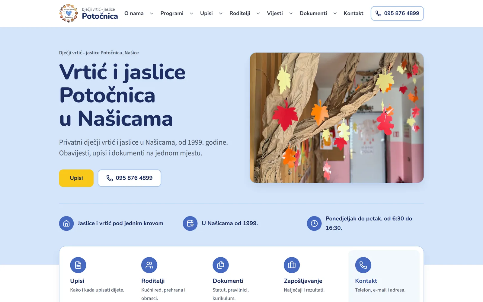 Izrada web stranice Dječji vrtić Potočnica: naslovnica s nazivom vrtića, gumbima za upise i poziv, fotografijom jesenske dekoracije i prečacima do dokumenata