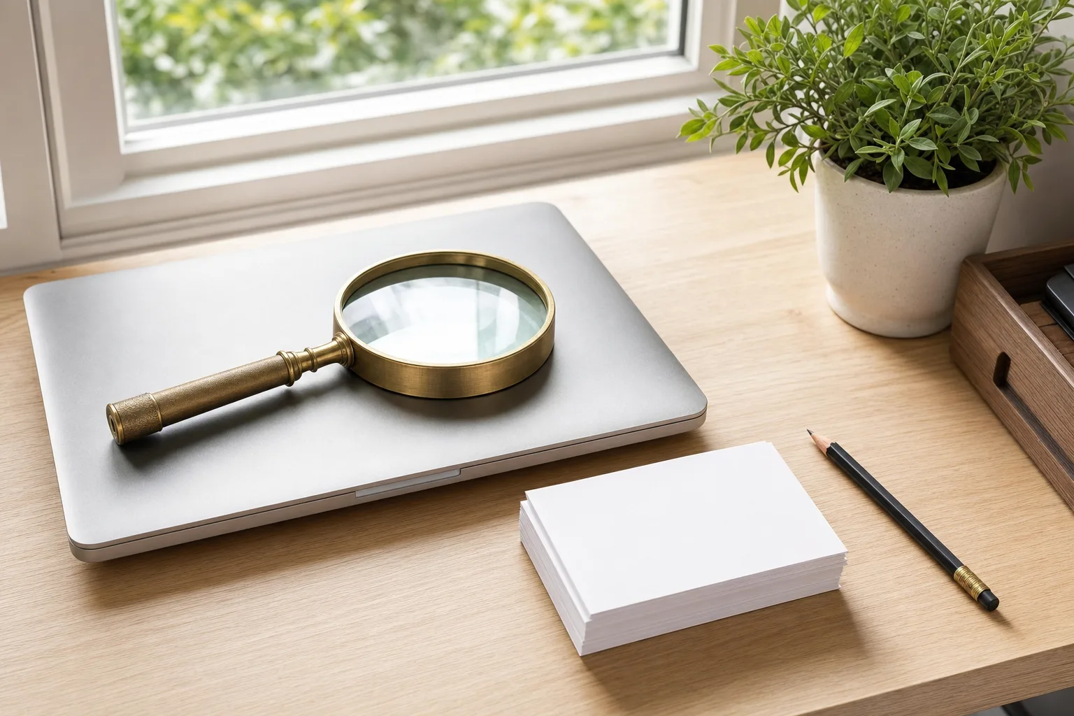 SEO optimizacija web stranice: povećalo na zatvorenom laptopu i složene prazne kartice
